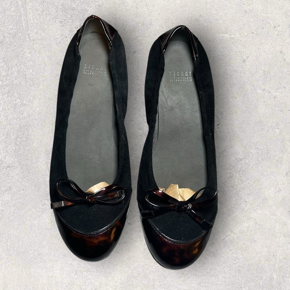 Stuart Weitzman Tortoise Suede Patent Leather Ballet Chunky Heels Size 7.5